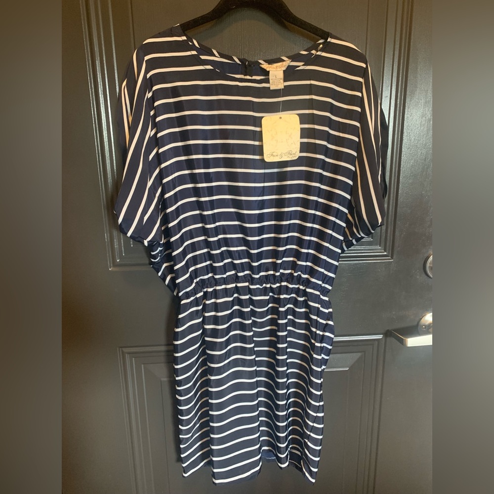 Navy and white striped dress mid thigh, size Large, fun and flirt with tags!